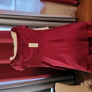 Burgundy cold shoulder evening dress.